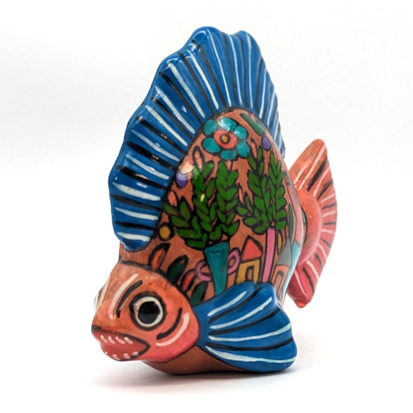 Mexican Isidoro Talavera Fish Folk Art Hand Painted Multicolored Mythology Scene - Picture 6 of 12